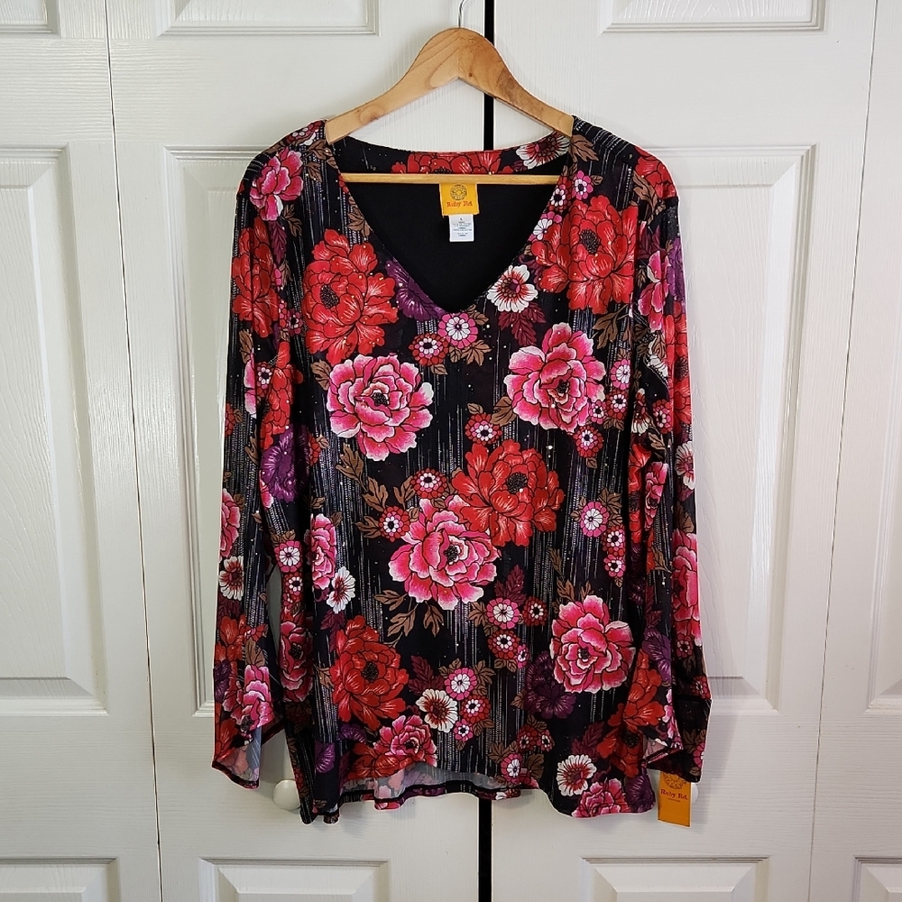 Ruby‎ Rd. Black & Pink Floral V-Neck Blouse Size LG Sheer Bell Sleeve Whimsigoth